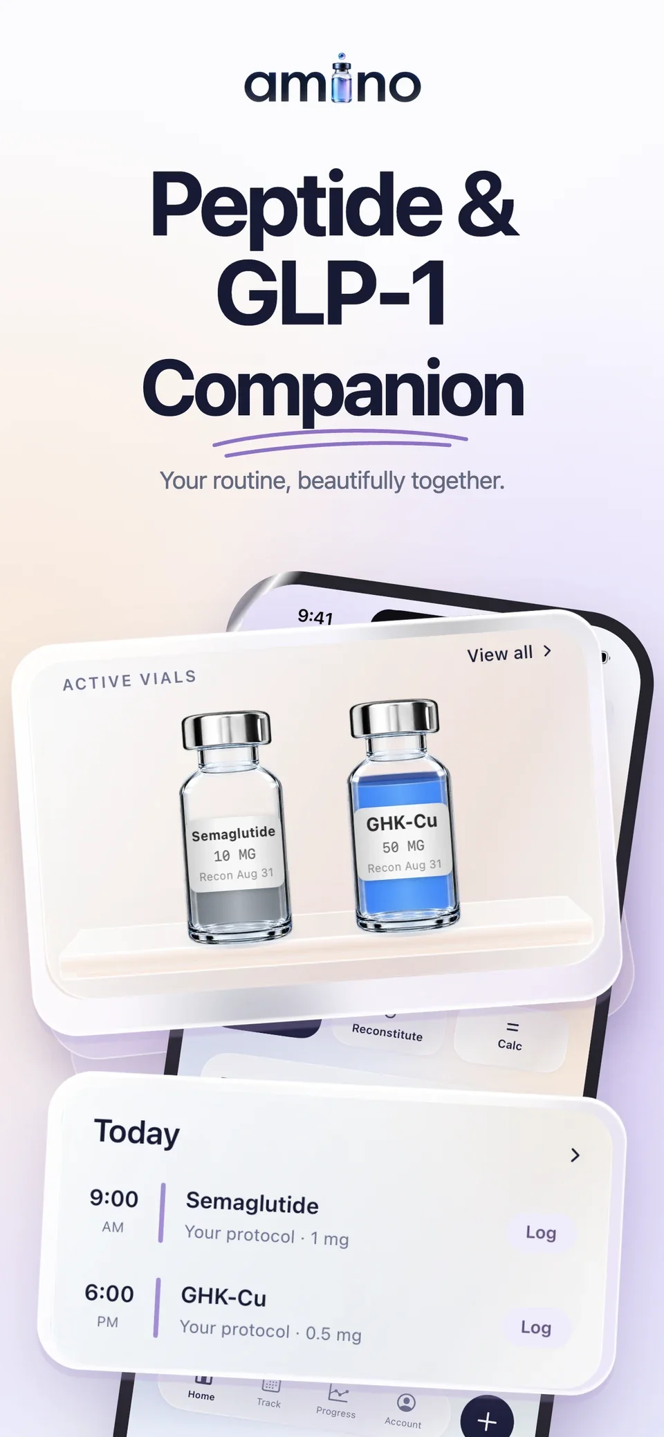 Amino’s active vial shelf and Today schedule, shown with example records