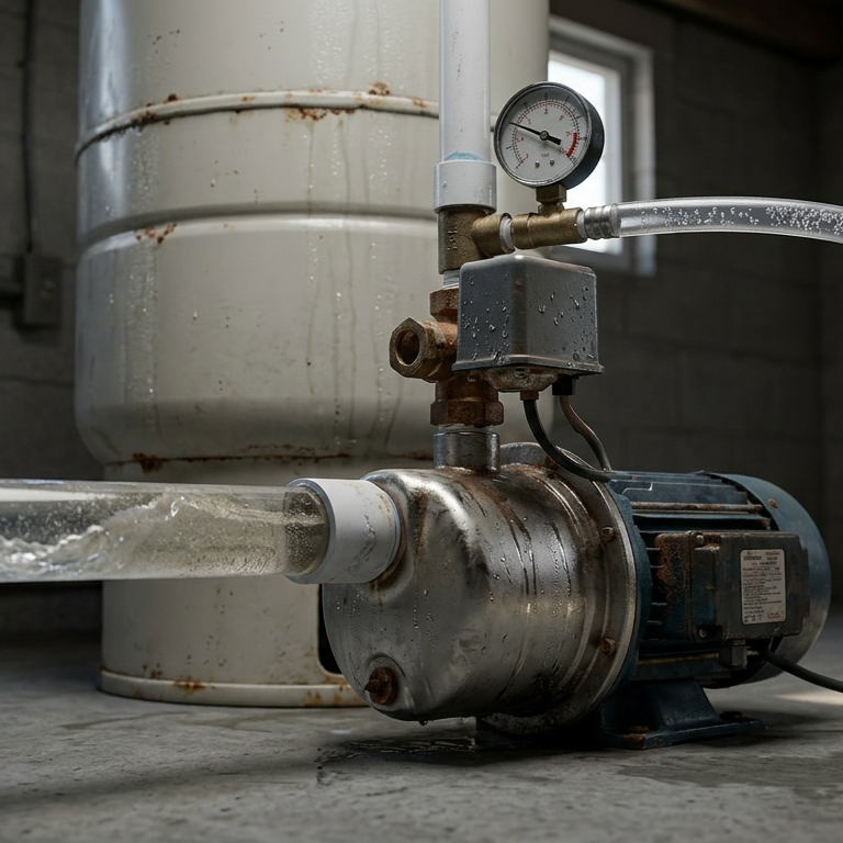 residential well pump motor with pressure gauge and pipes