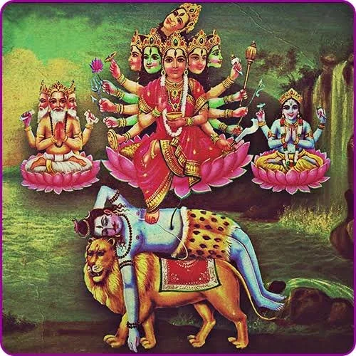 आदिशक्ति माँ — ब्रह्मा, विष्णु एवं शिव सहित पारंपरिक चित्र