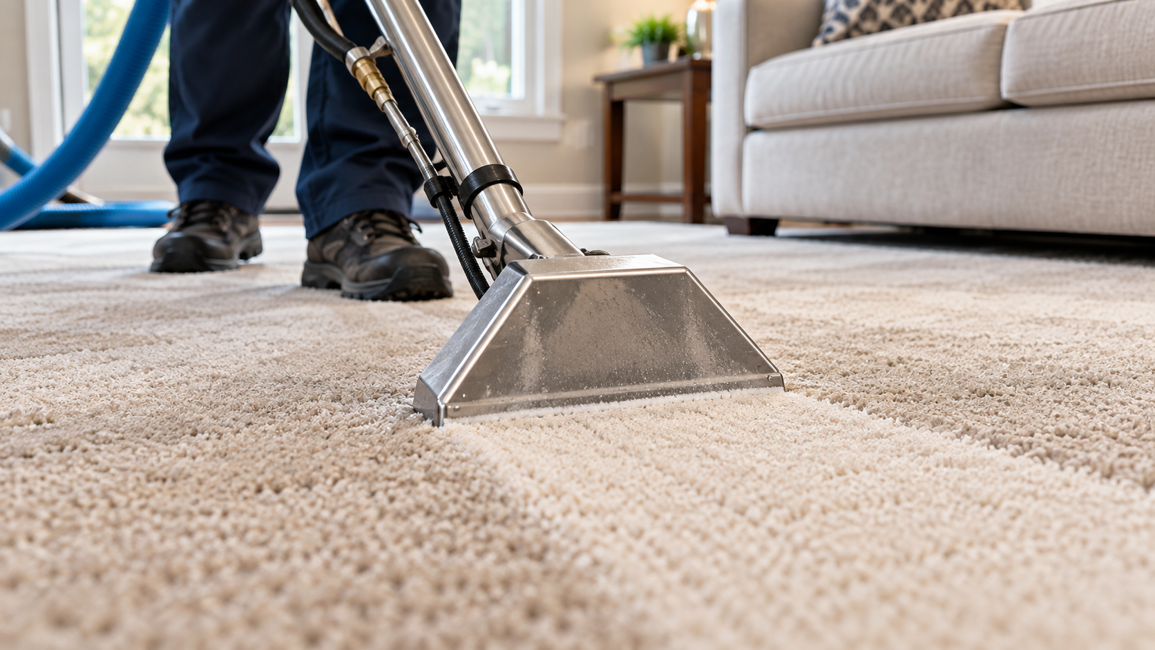 Professional carpet cleaning wand on residential carpet, illustrative image