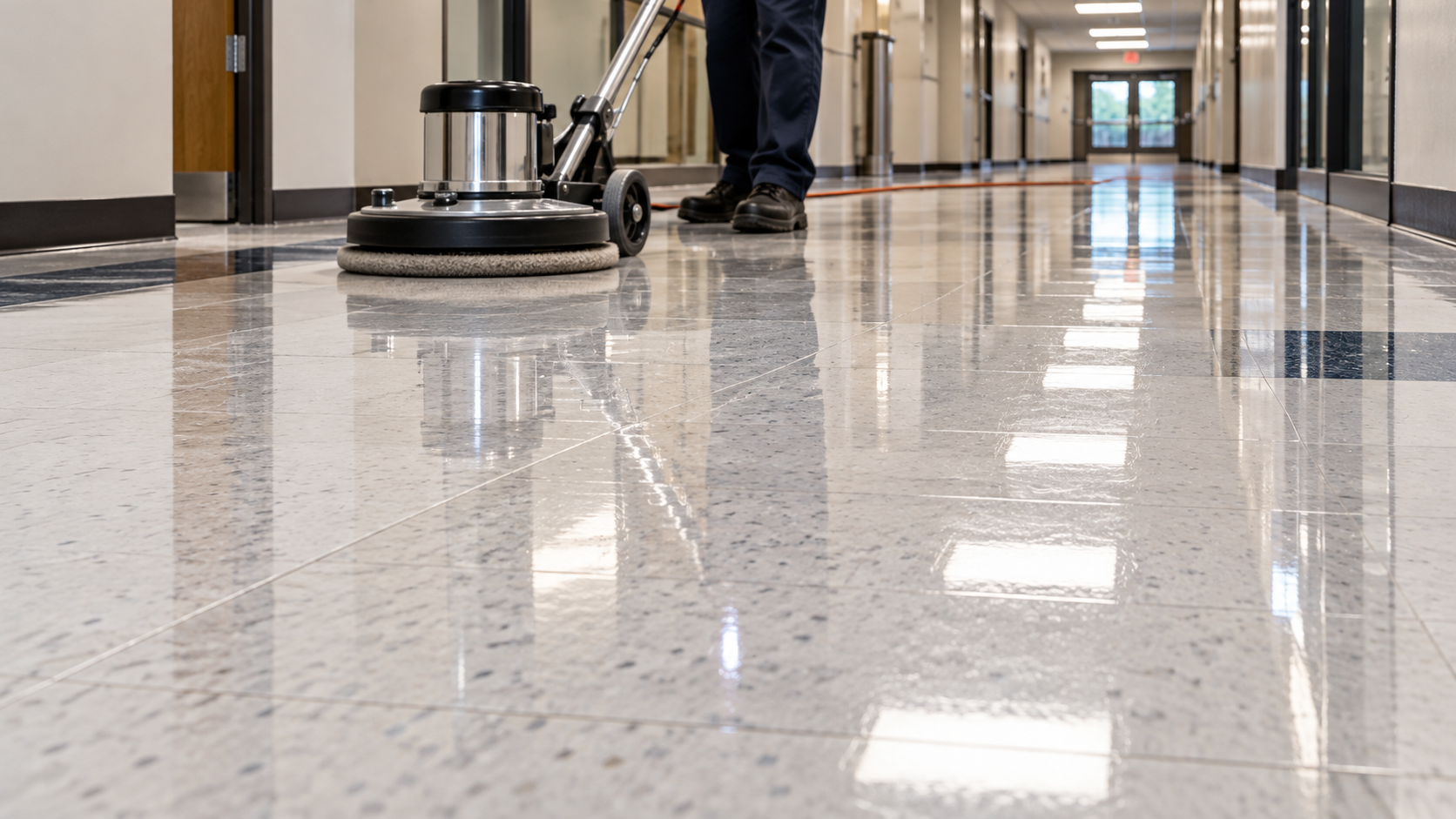 Clean glossy VCT floor with professional buffer, illustrative image