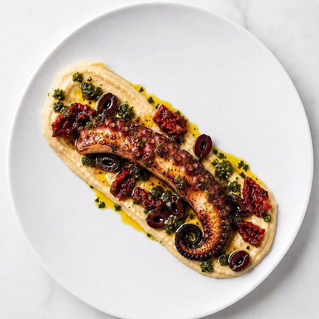 Grilled octopus over hummus with olives