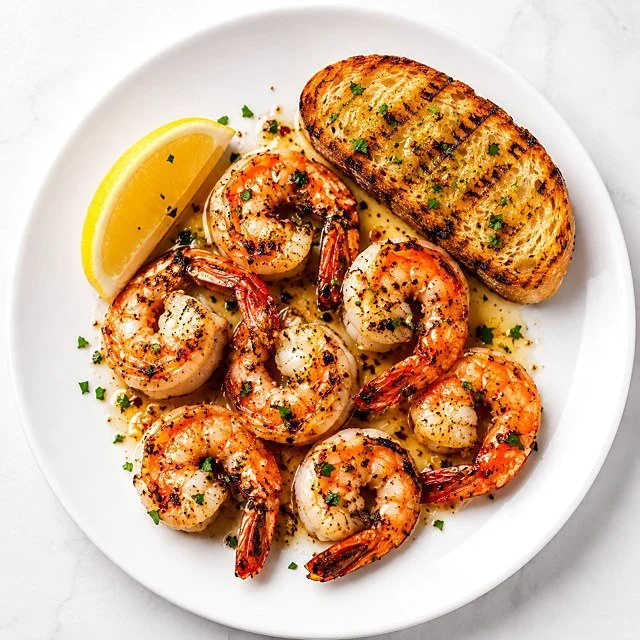 Grilled shrimp with herbs and grilled bread