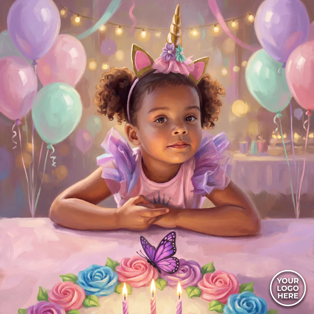 Illustrated portrait of the girl with balloons, a birthday cake with three candles, and a logo placeholder