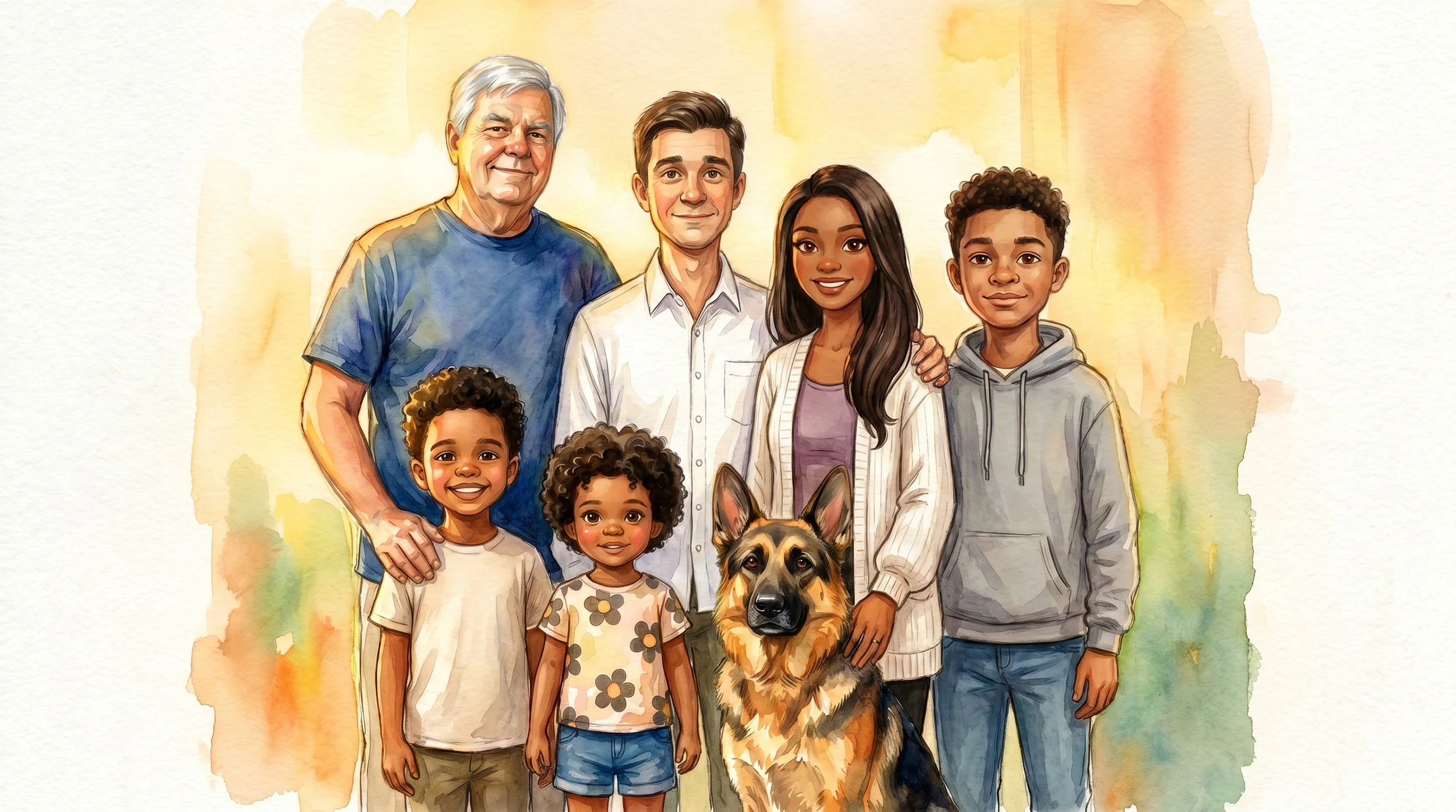 An illustration of our family: my father, Albert, me, my wife, our three children, and our dog, Duke