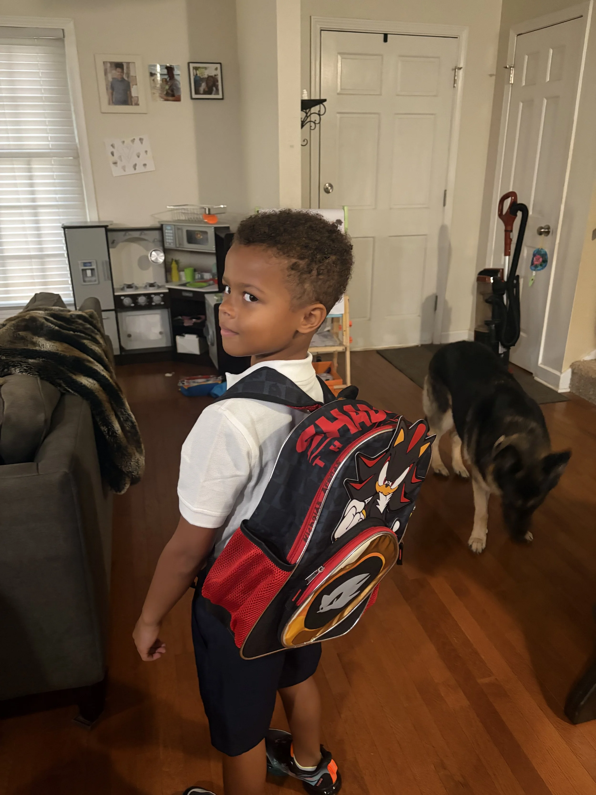 Illustrated, backpack and kitchen scene, original