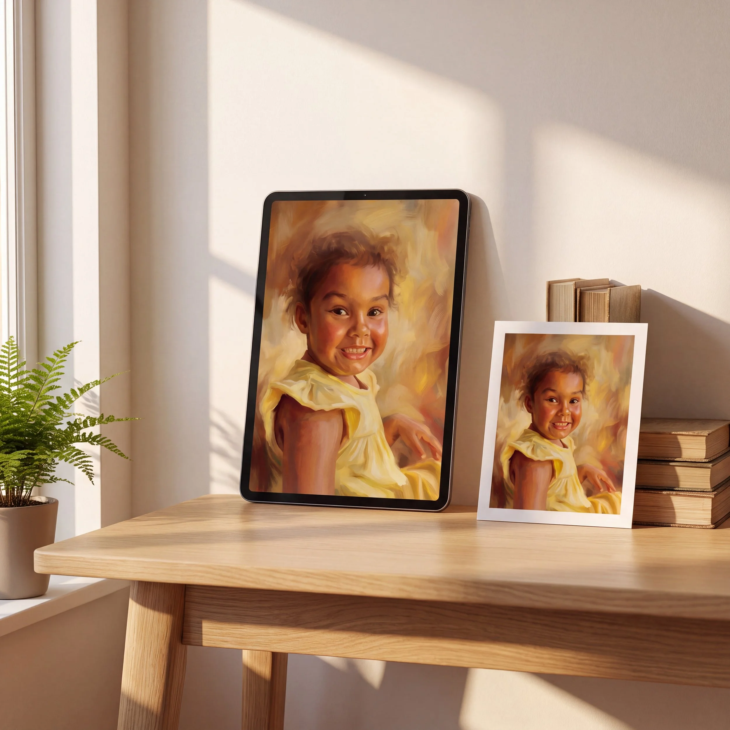 One illustrated portrait shown on a tablet and as a print