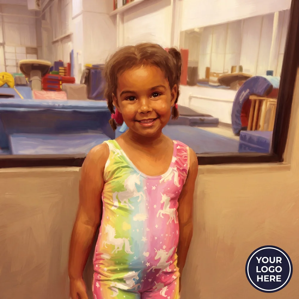 Illustrated portrait of the girl in her gymnastics leotard with a logo placeholder