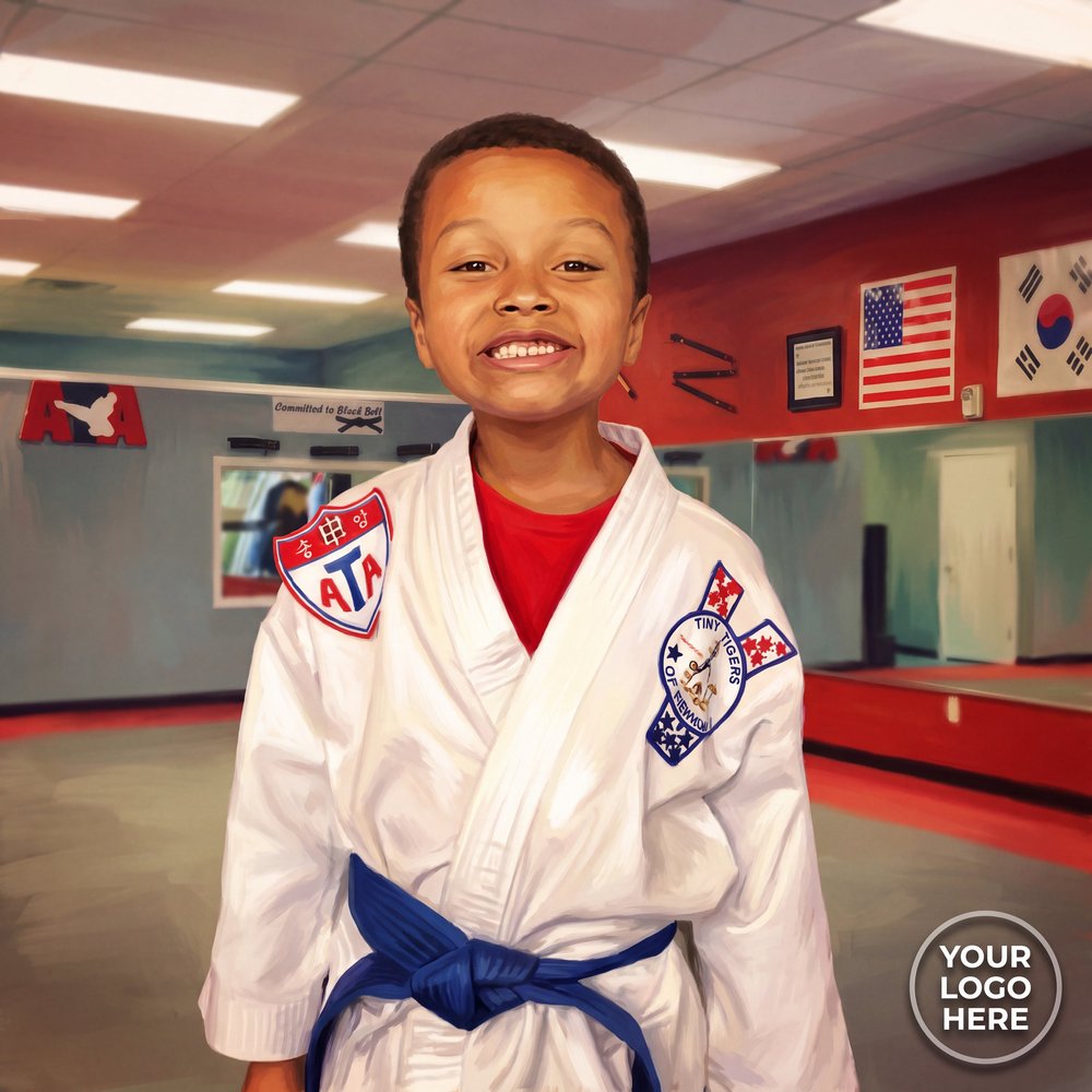 Illustrated portrait of the boy with his blue belt in a training hall with a logo placeholder
