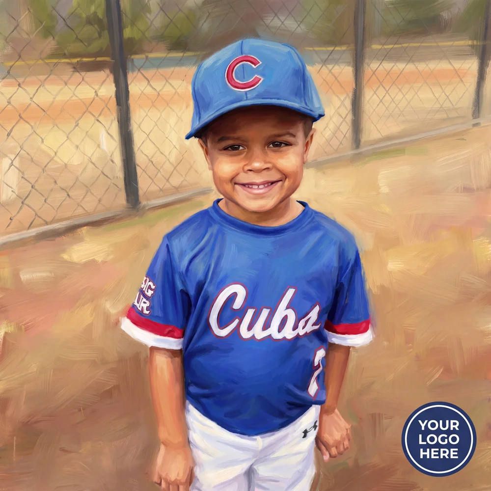 Illustrated portrait of the boy in his baseball uniform with a logo placeholder