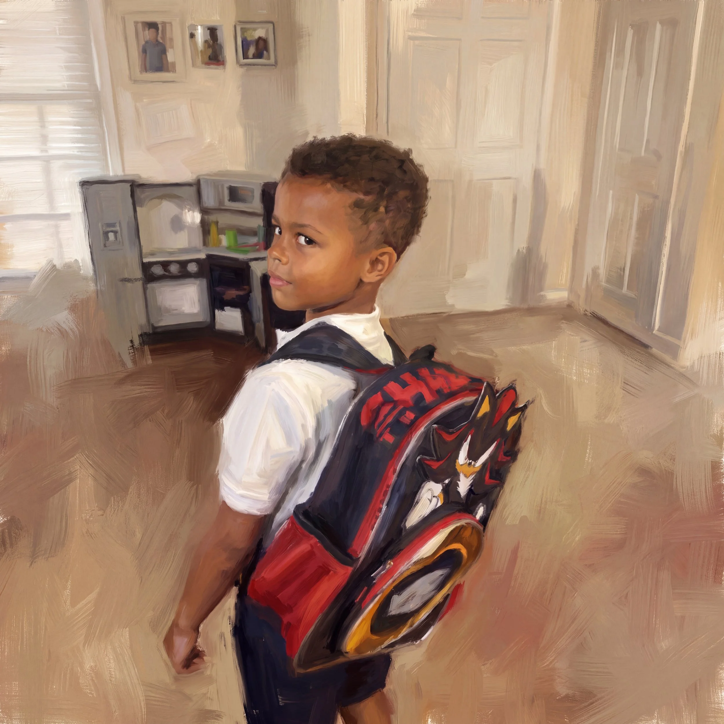 Illustrated, backpack and kitchen scene