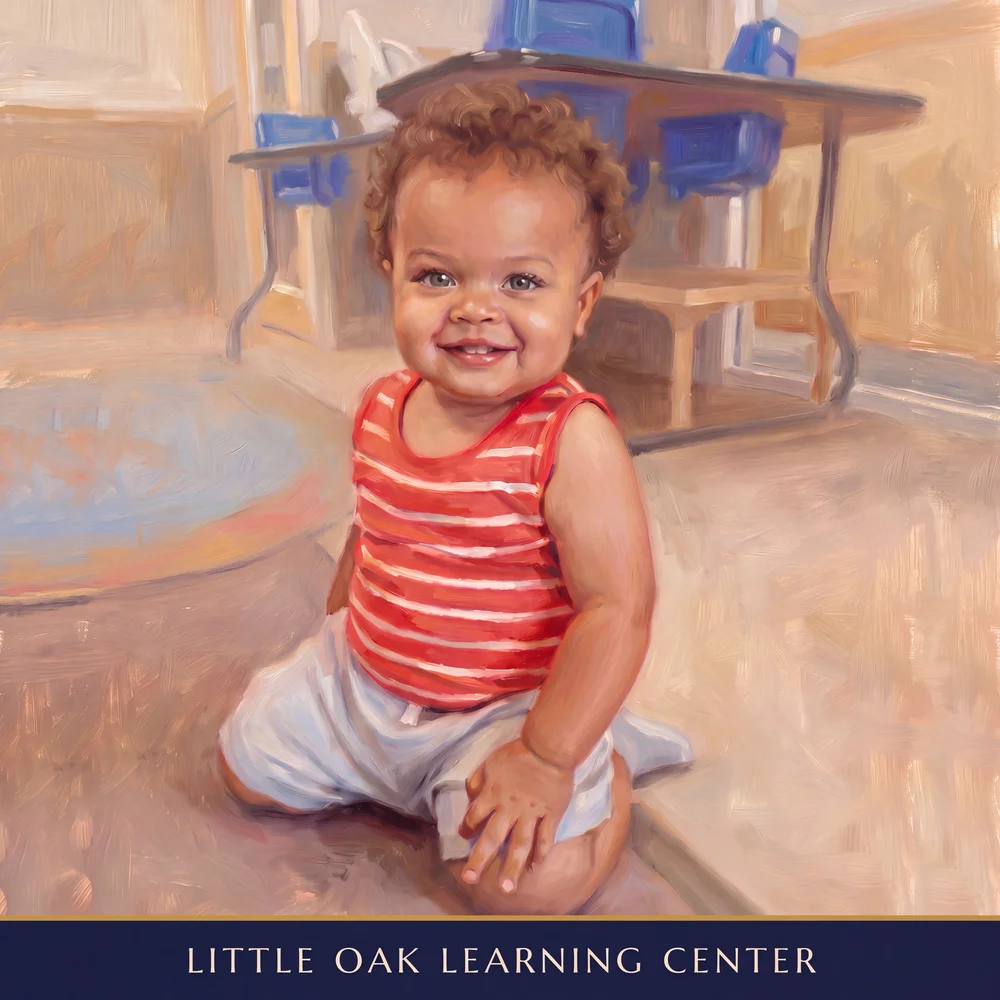 Illustrated portrait of a smiling baby boy in a red striped top, kneeling on a daycare classroom floor, with the sample center name Little Oak Learning Center