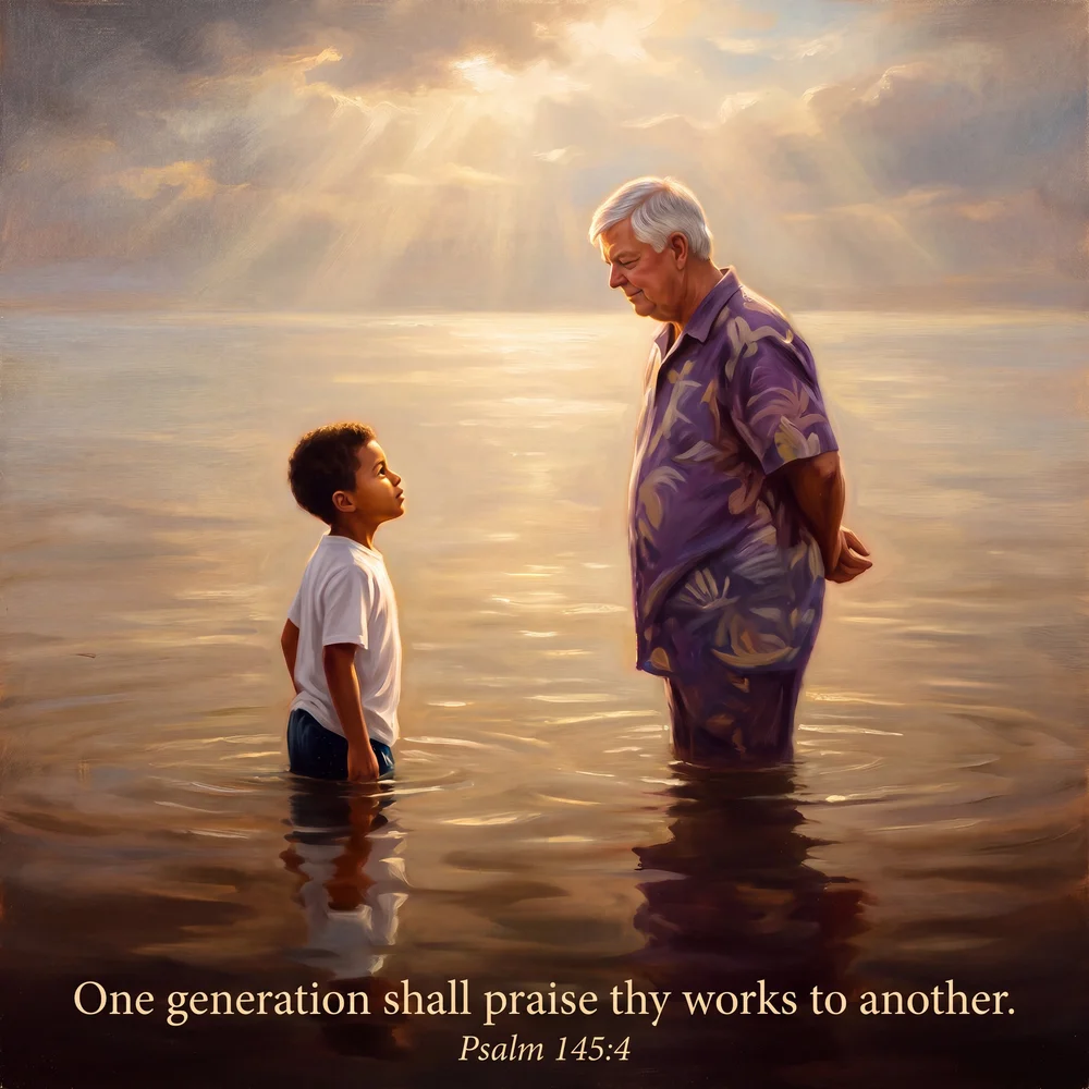 Illustrated portrait of a grandfather and his grandson standing together in calm water in golden light