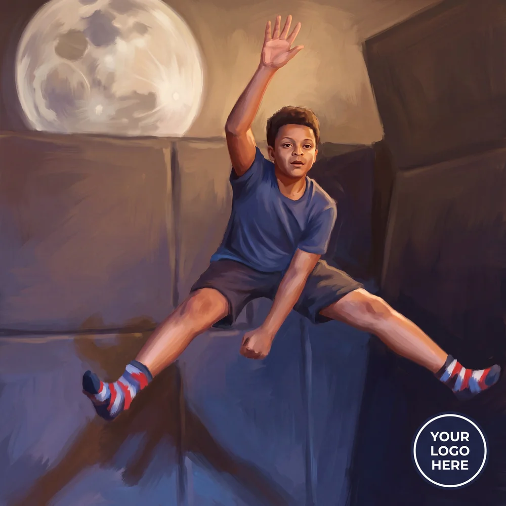 Illustrated portrait of the teen mid-jump with a logo placeholder