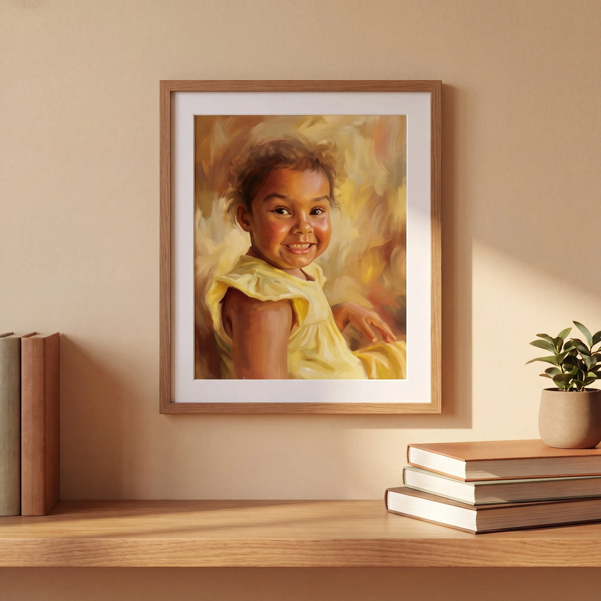 Illustrated portrait in a wooden frame on the wall