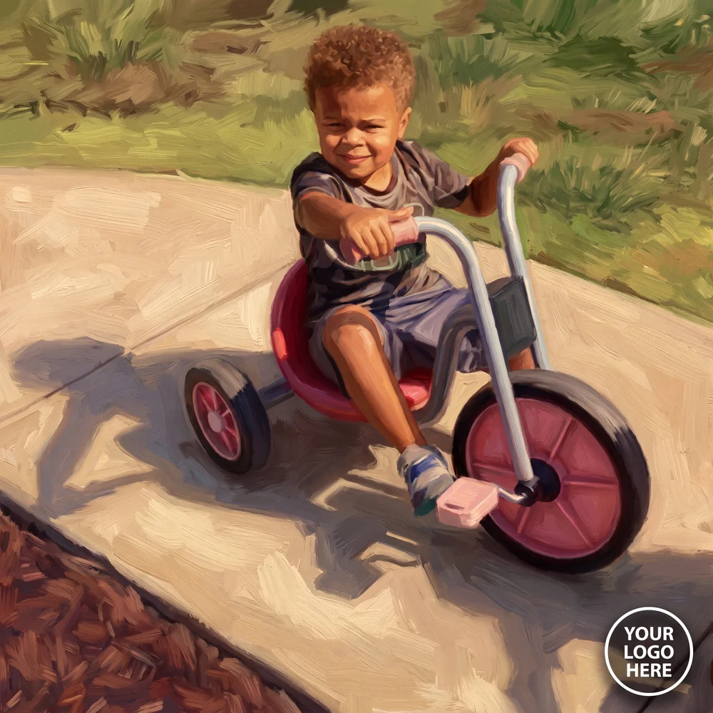 Illustrated portrait of a young boy on a tricycle at daycare, with a logo placeholder