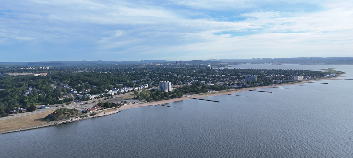 Scenic landscape drone view of West Haven beach shoreline