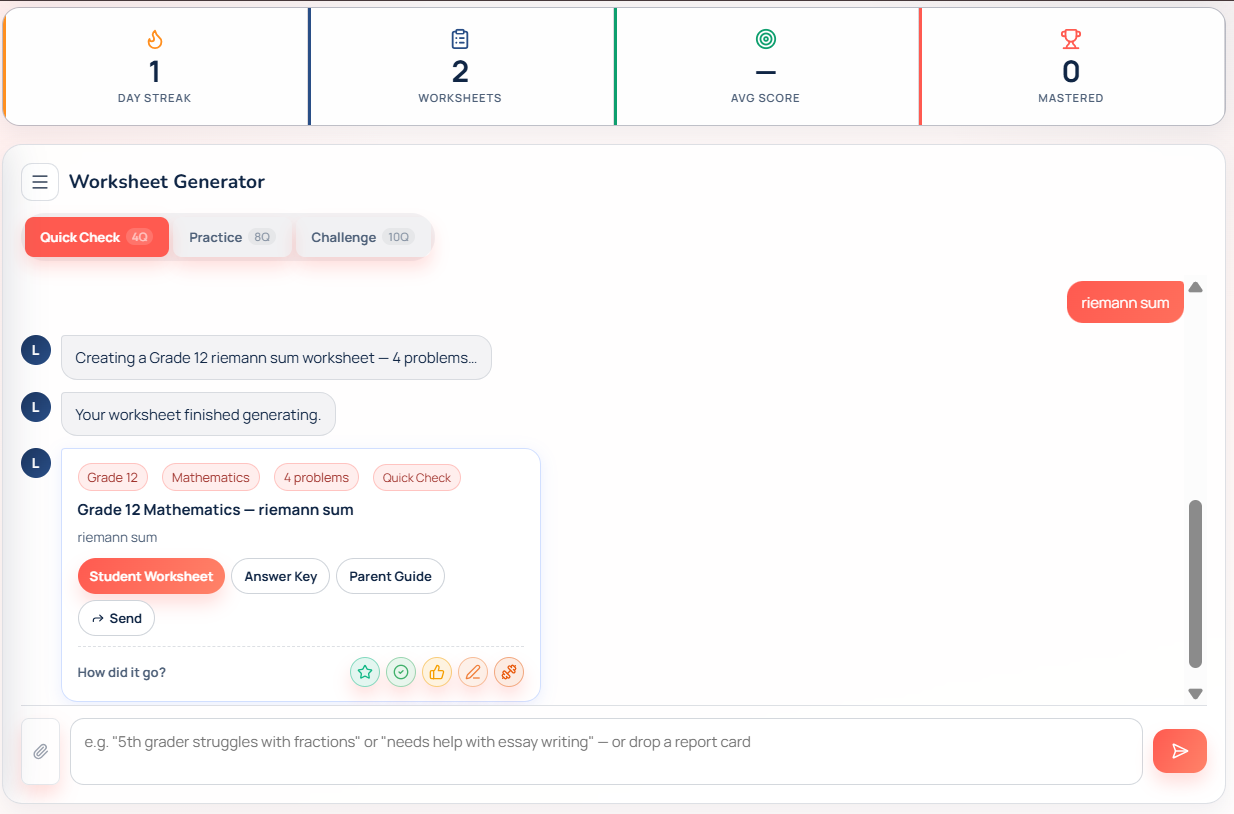 Learning Lab dashboard for creating personalized K-12 worksheets