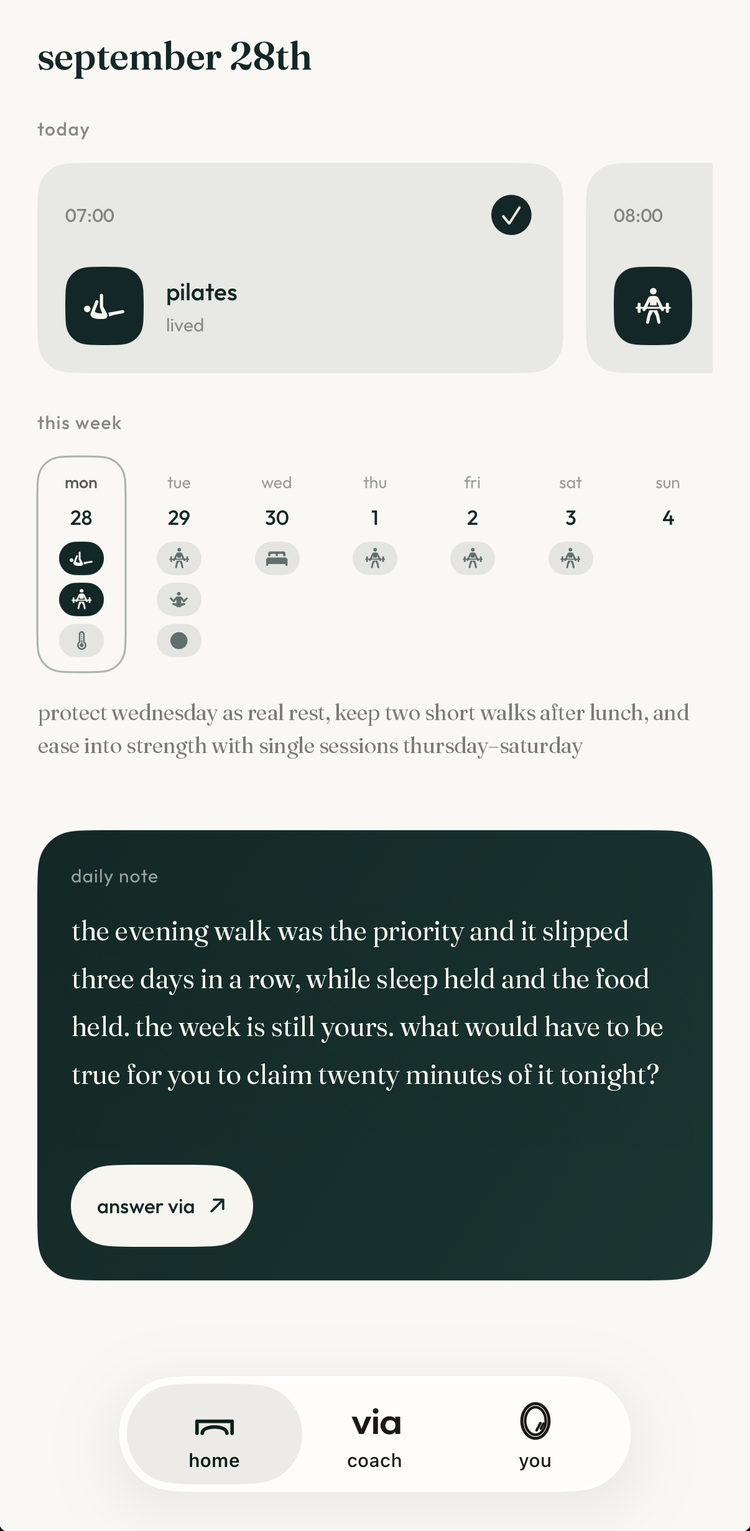 the via home screen: today, this week, and the daily note