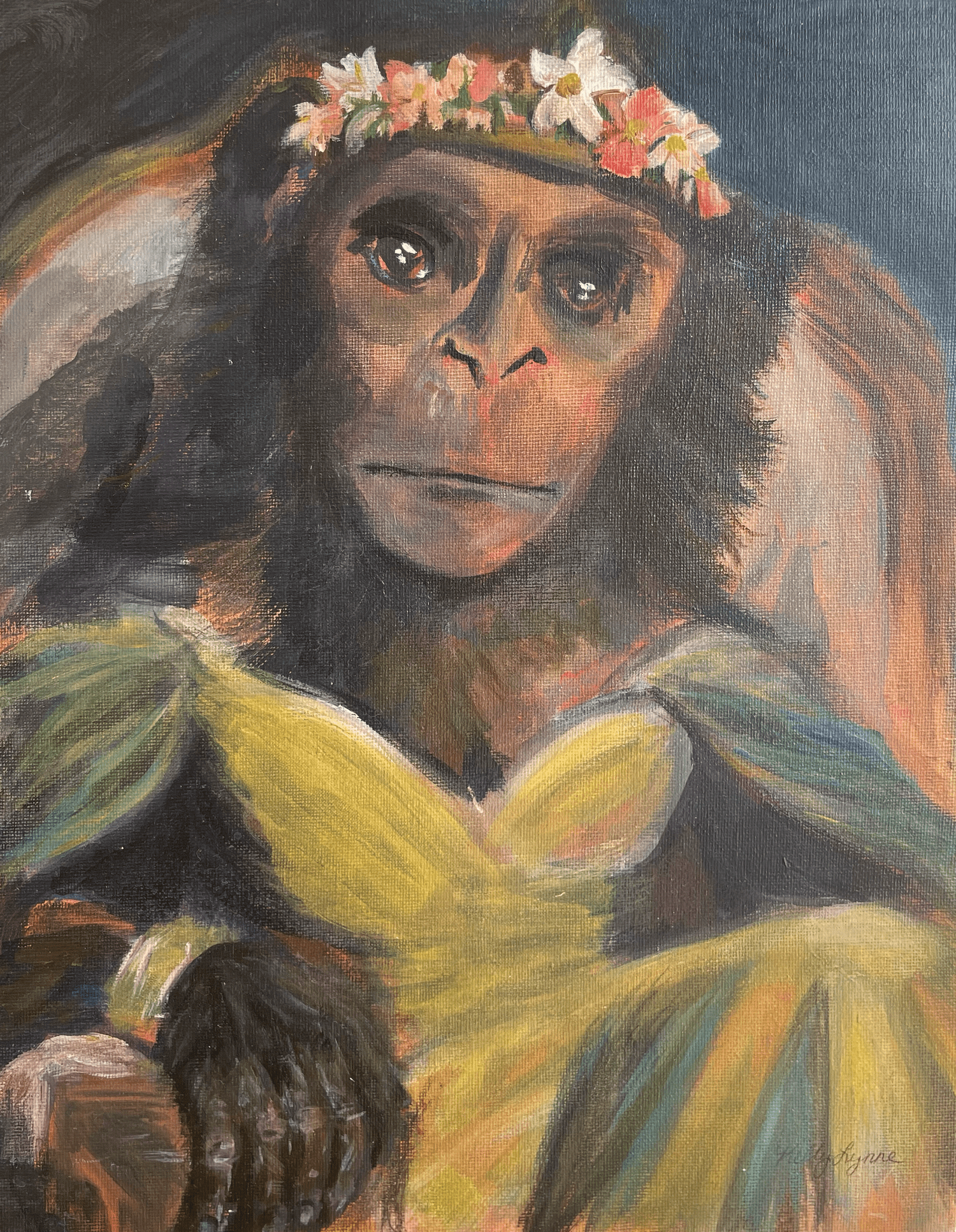 Bonobo with Floral Crown, seated at her throne with kind, steady eyes.