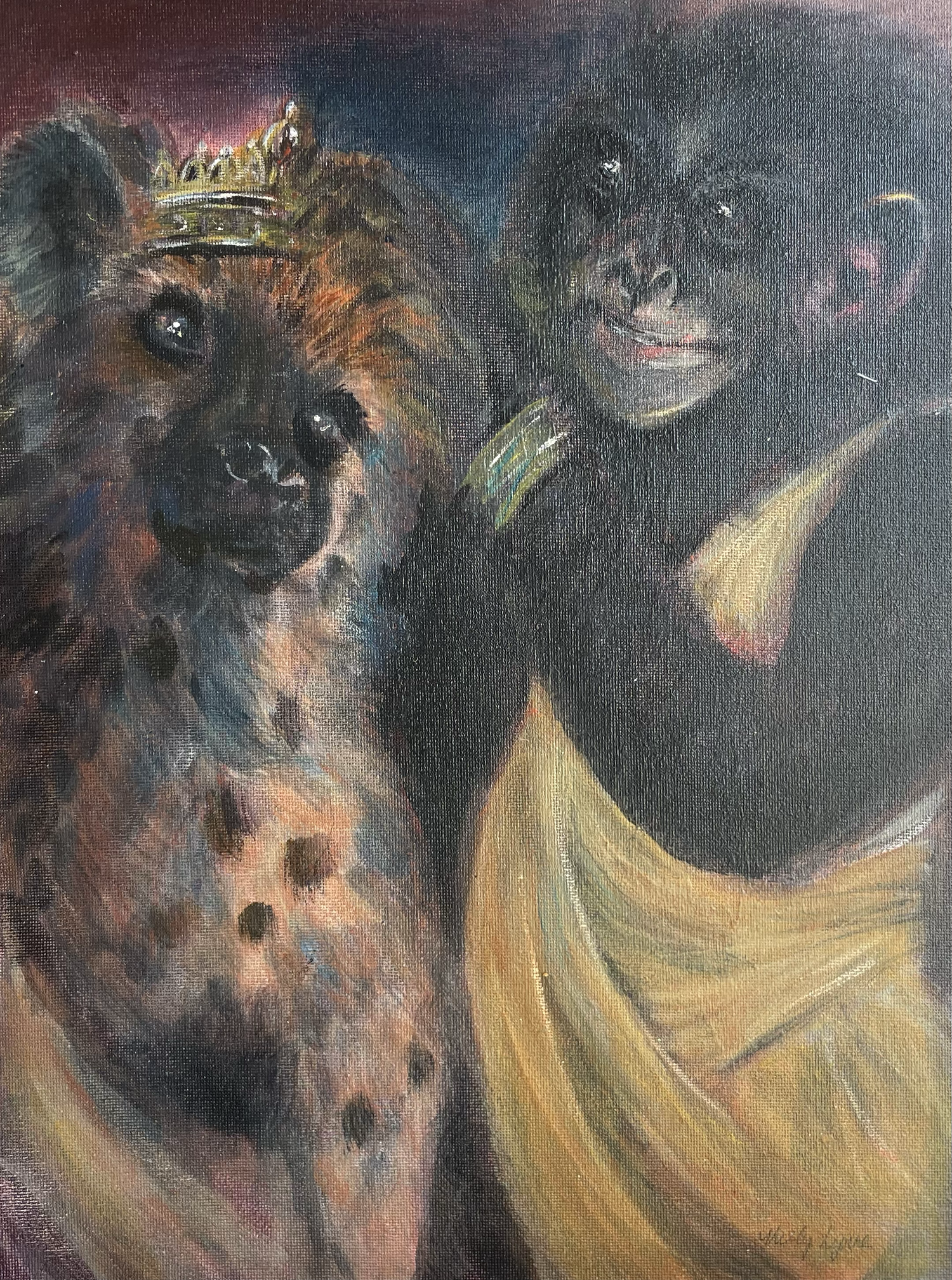A Reminder, a bonobo gently straightening the hyena's crown.