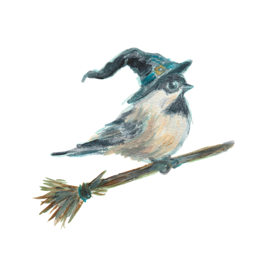 Chickadee wearing a witch hat while perched on a broom, painted by Kelly Lynne Figueiredo.