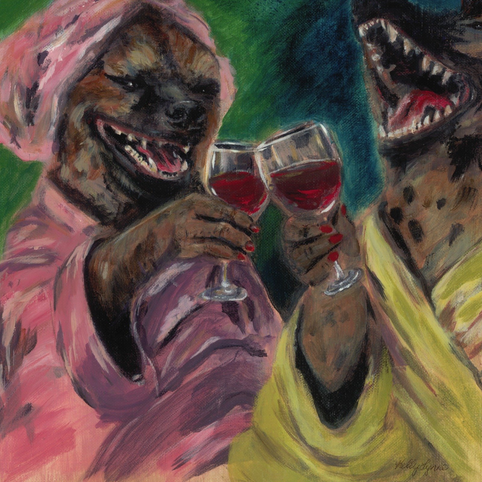 Two laughing hyenas in robes raising glasses of red wine, painted by Kelly Lynne Figueiredo.