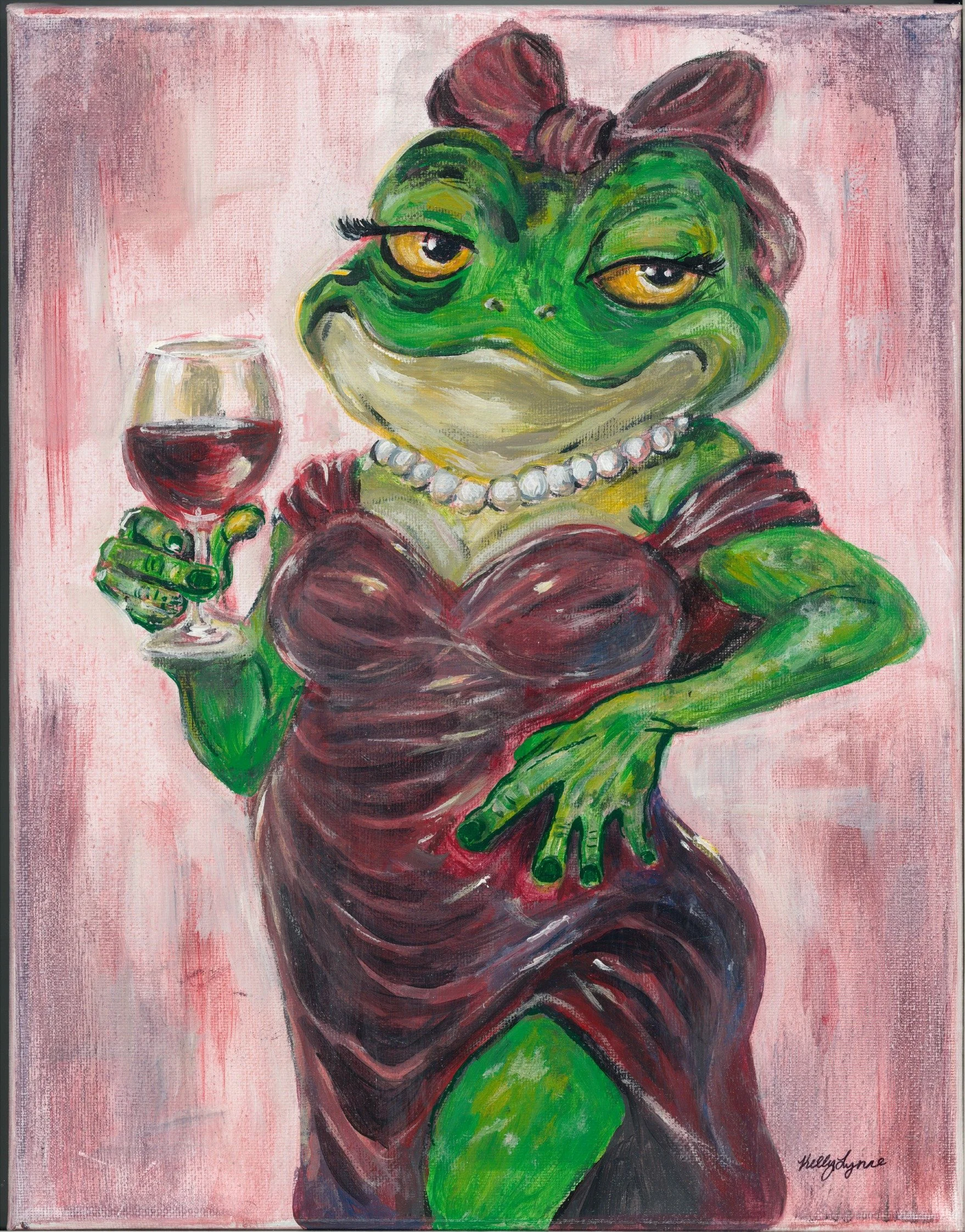 Queen Frog in a burgundy evening dress and pearls holding a glass of red wine, painted by Kelly Lynne Figueiredo.