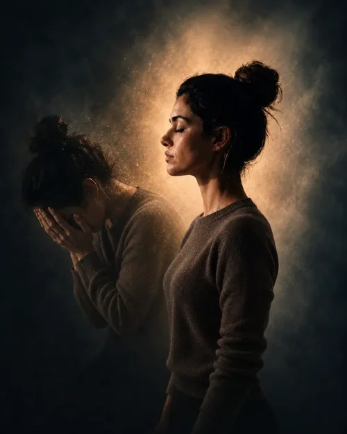 Mind: a woman shown first overwhelmed, then calm and focused