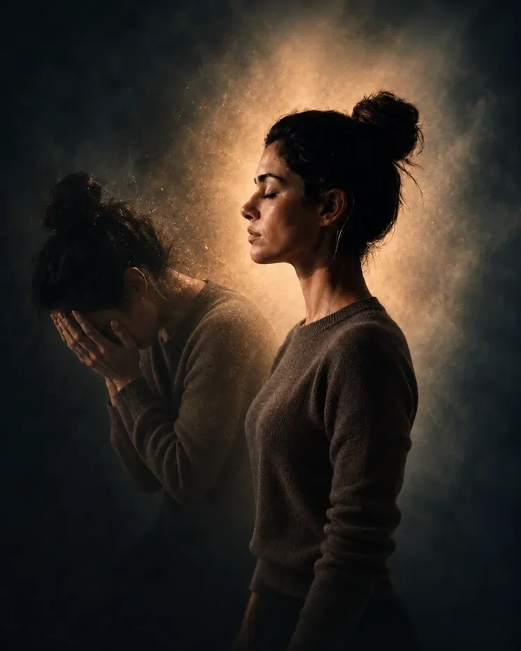 Mind: a woman shown first overwhelmed, then calm and focused