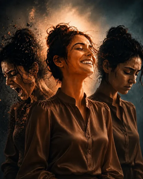 Emotions: a woman shown angry, sad and laughing with joy