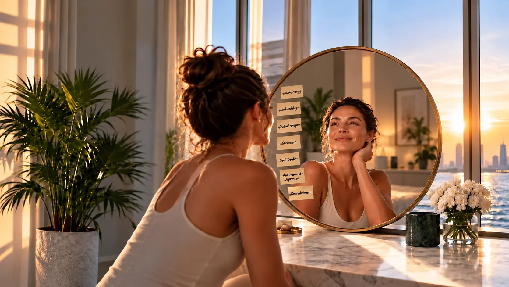Woman smiling at her reflection in a mirror overlooking the Dubai skyline