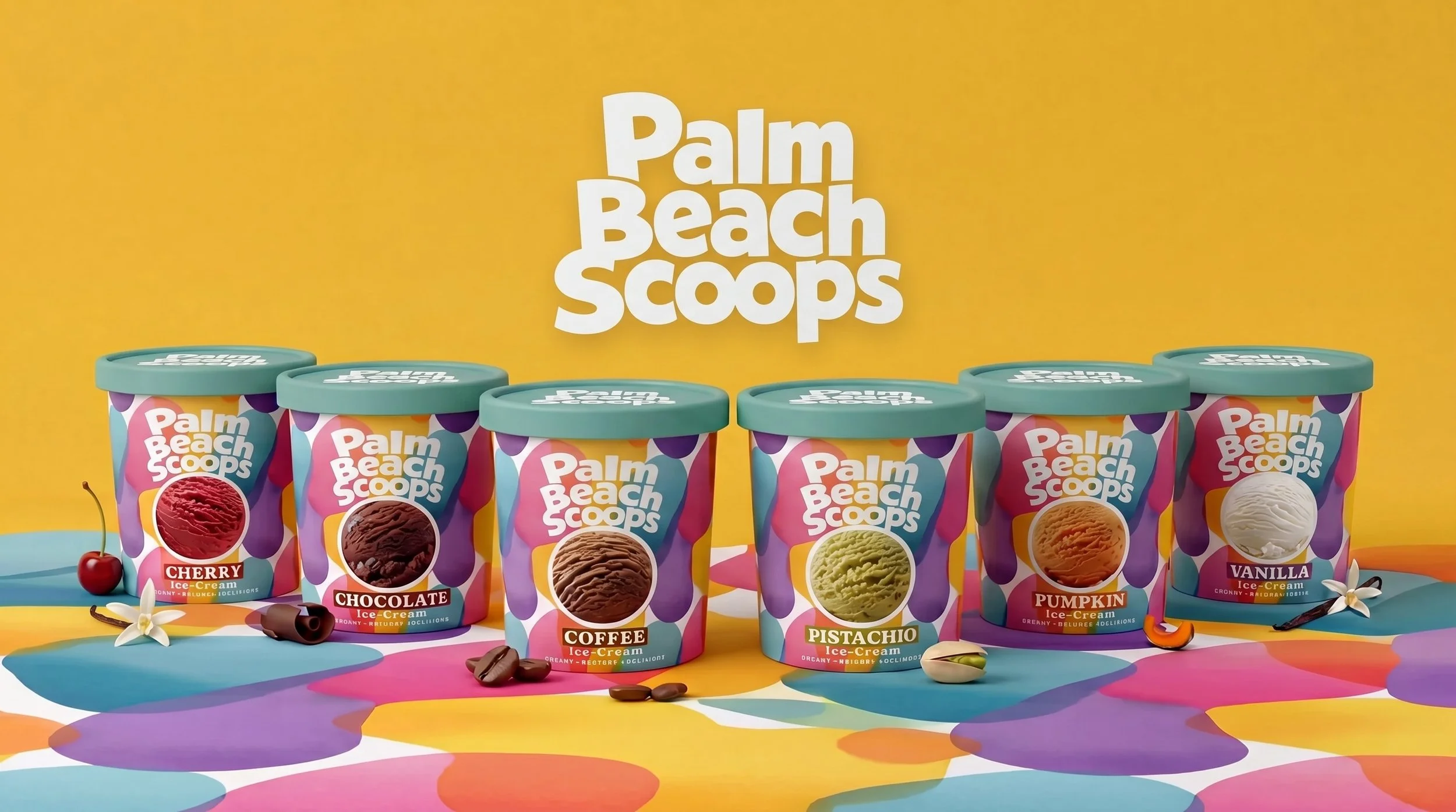 Six South Mountain Creamery pints on a yellow background