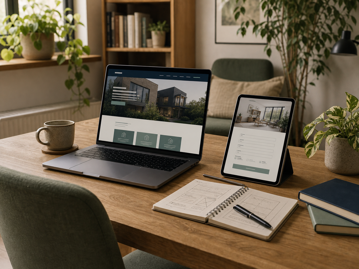 A laptop and tablet showing different website design views in a comfortable workspace