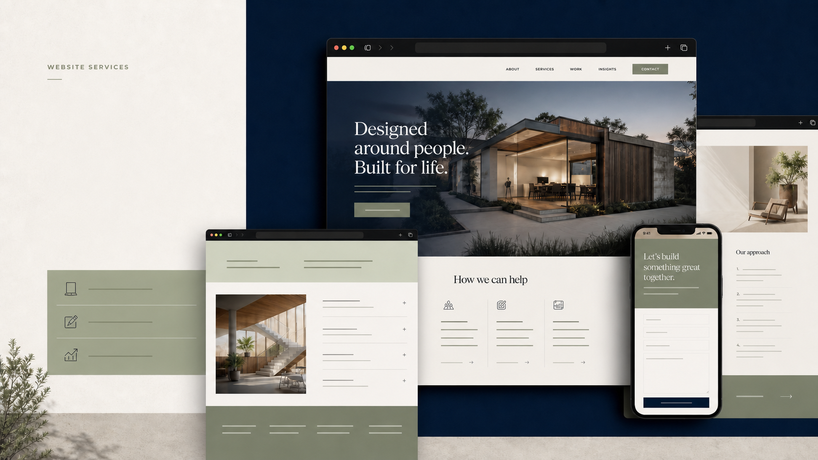 Responsive website designs shown across desktop, mobile and browser layouts.