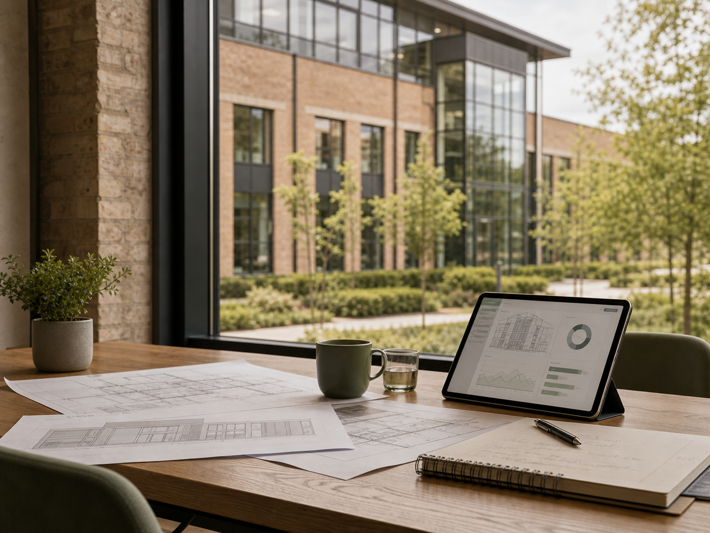 Building plans and a performance dashboard in a modern commercial setting