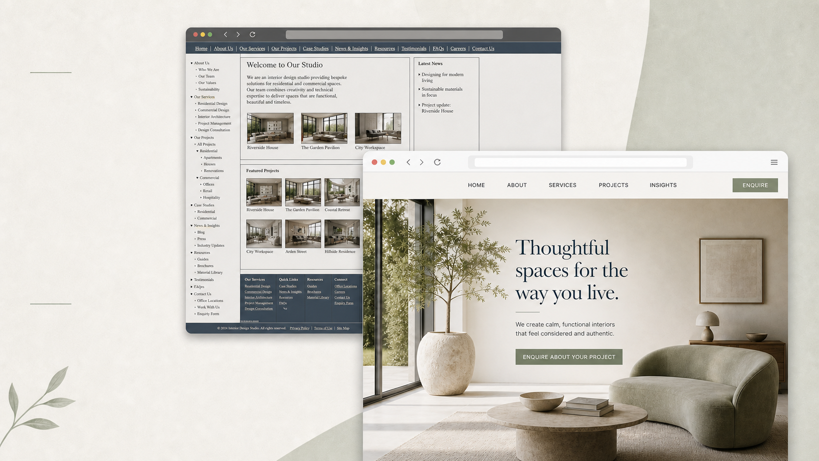 Illustrative comparison between a crowded older website and a clearer redesigned version.