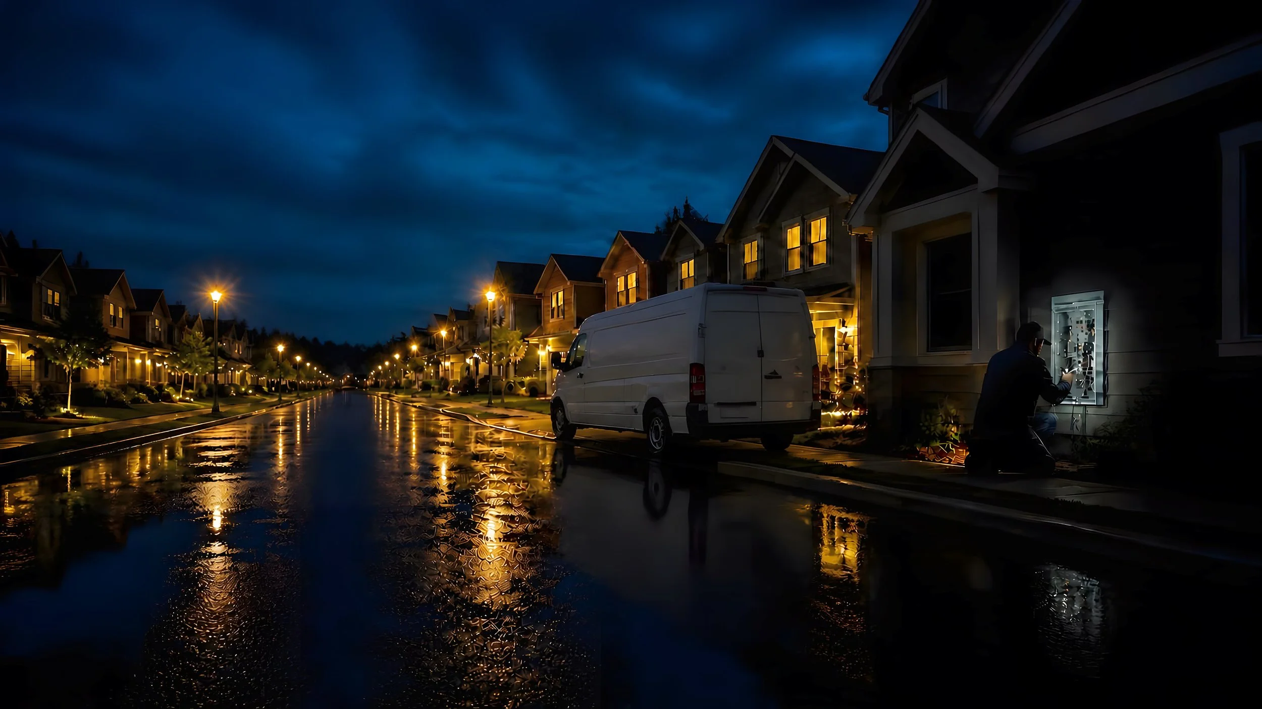 A rain-wet street at night where every house is lit except one, with a service van parked out front and a worker checking that house's electrical panel by flashlight