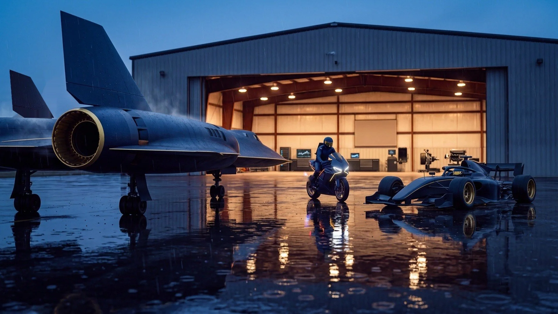 A jet, a motorcycle and a race car on a wet apron outside a lit hangar at dusk
