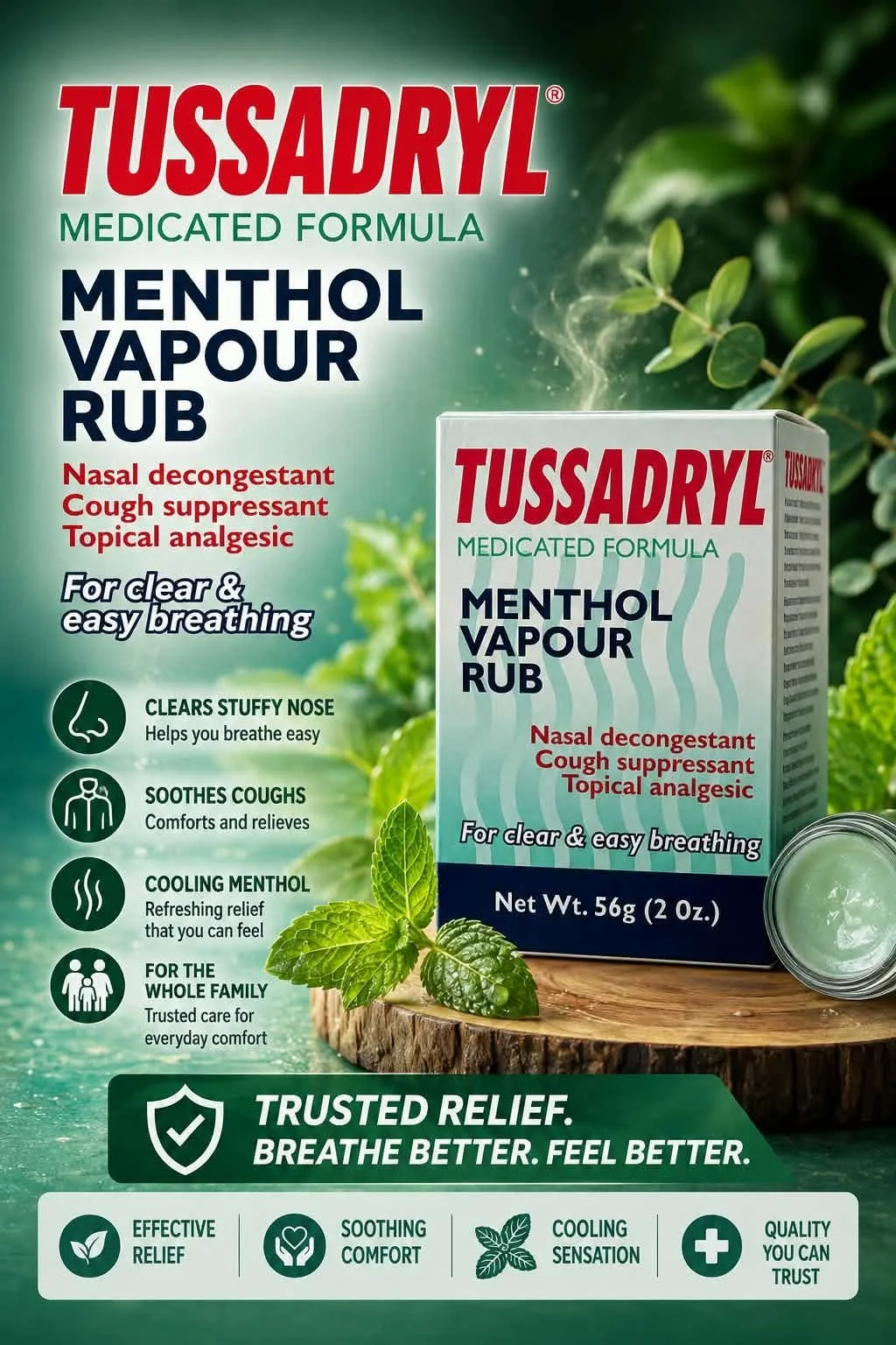 Tussadryl Medicated Menthol Vapour Rub, for clear and easy breathing, 56g