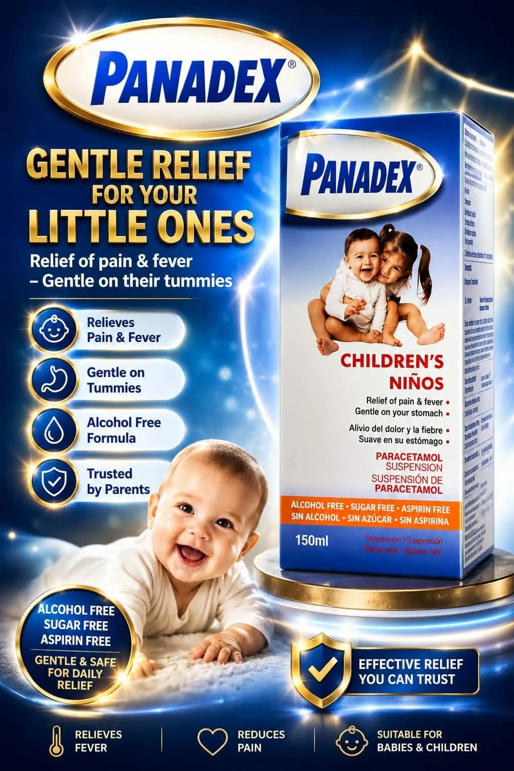 Panadex Children\u2019s Niños Paracetamol Suspension, gentle relief for babies and children, 150ml