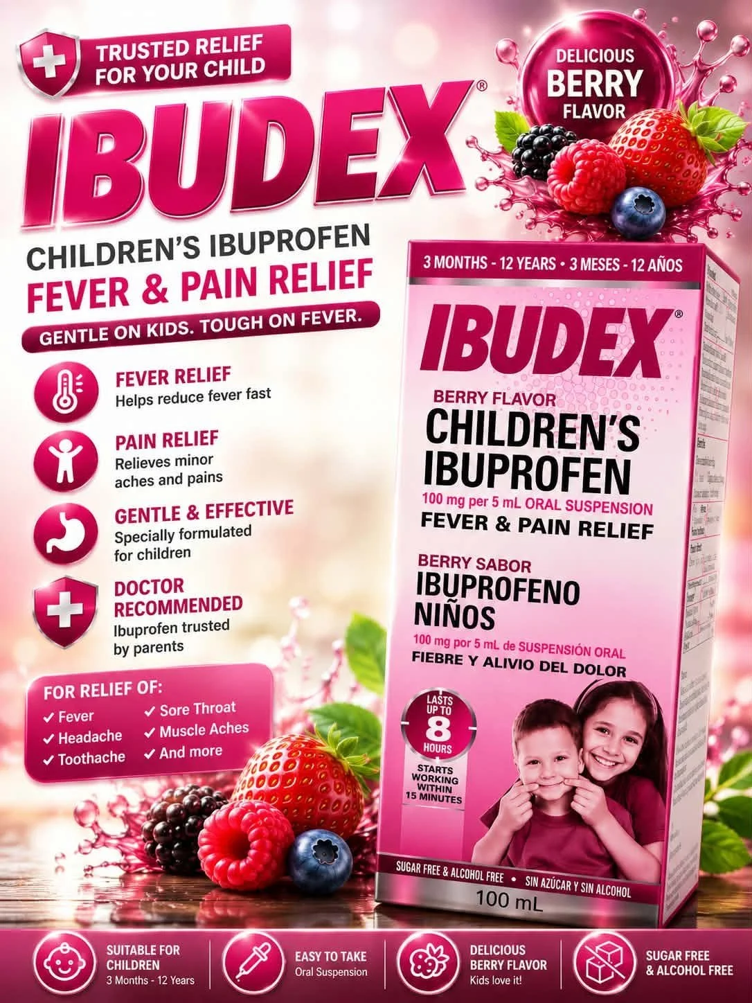 Ibudex Children’s Ibuprofen, berry flavor, fever and pain relief, 100mL