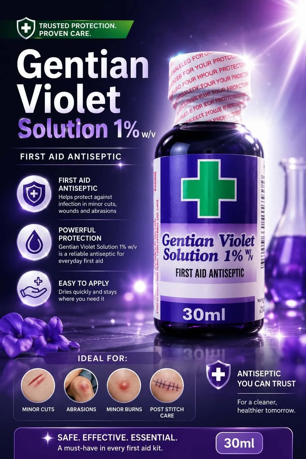 Gentian Violet Solution 1% w/v, First Aid Antiseptic, 30ml