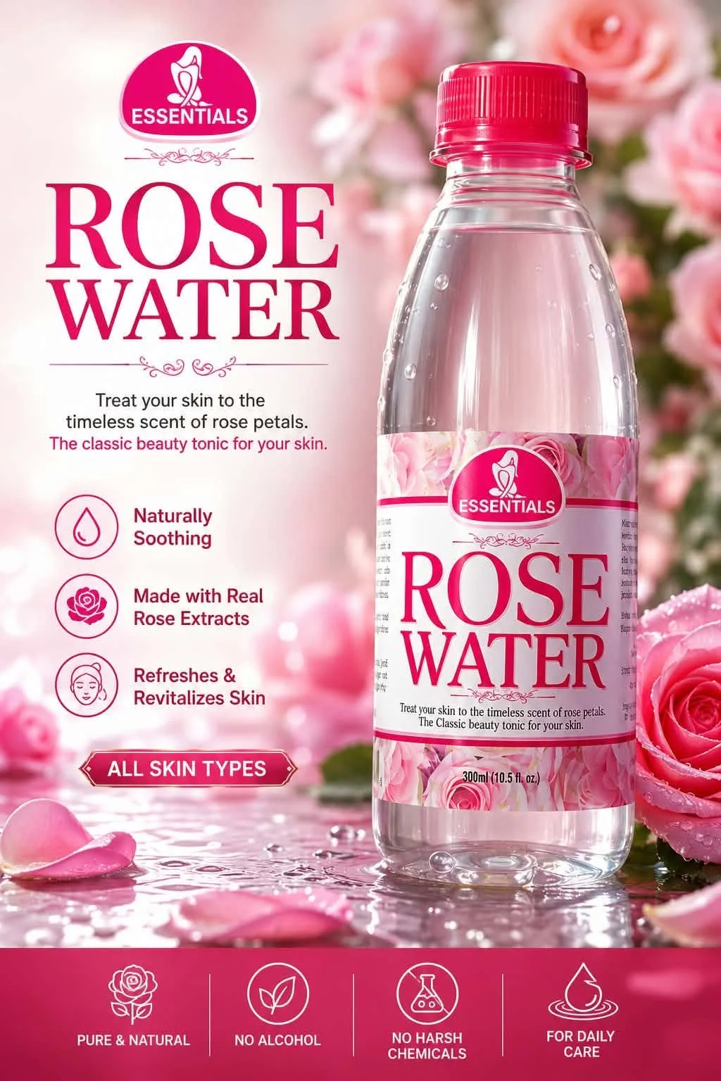 Essentials Rose Water, natural skin tonic, all skin types, 300ml