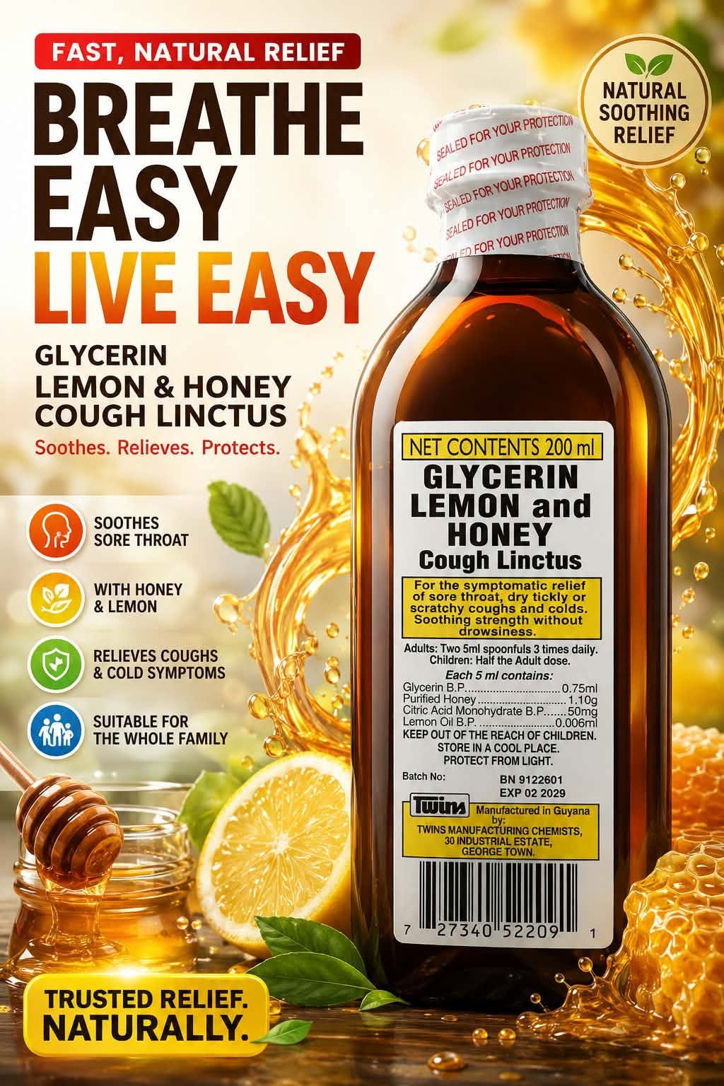 Glycerin Lemon and Honey Cough Linctus, breathe easy live easy, 200ml