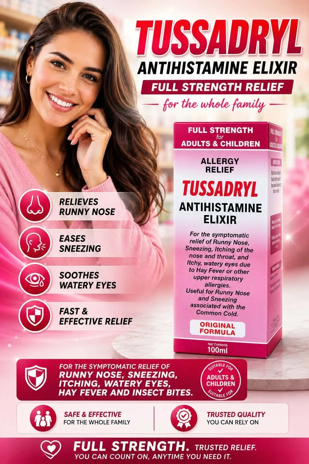 Tussadryl Antihistamine Elixir, full strength allergy relief for the whole family, 100ml