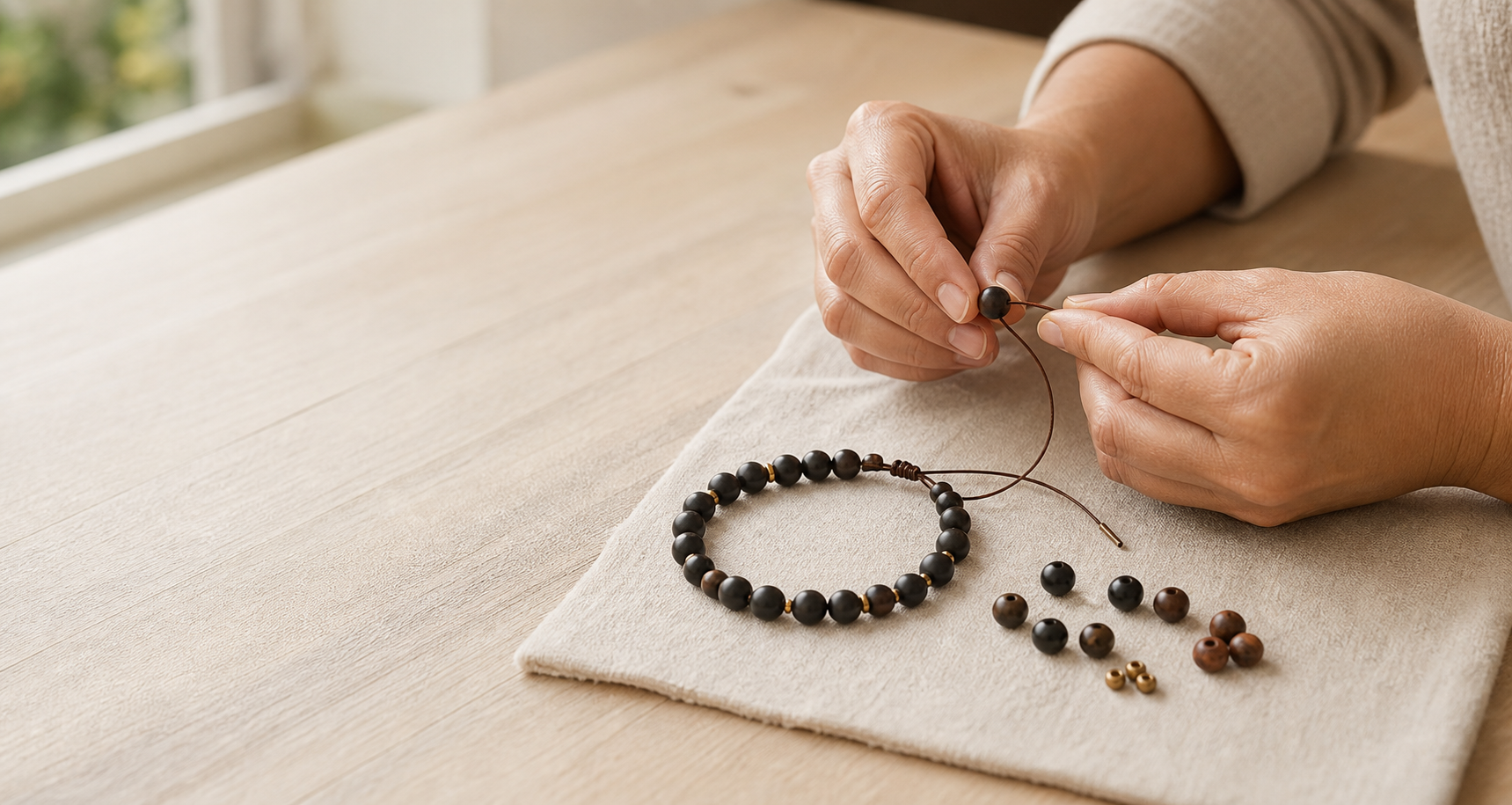 Hands working with individual bracelet beads