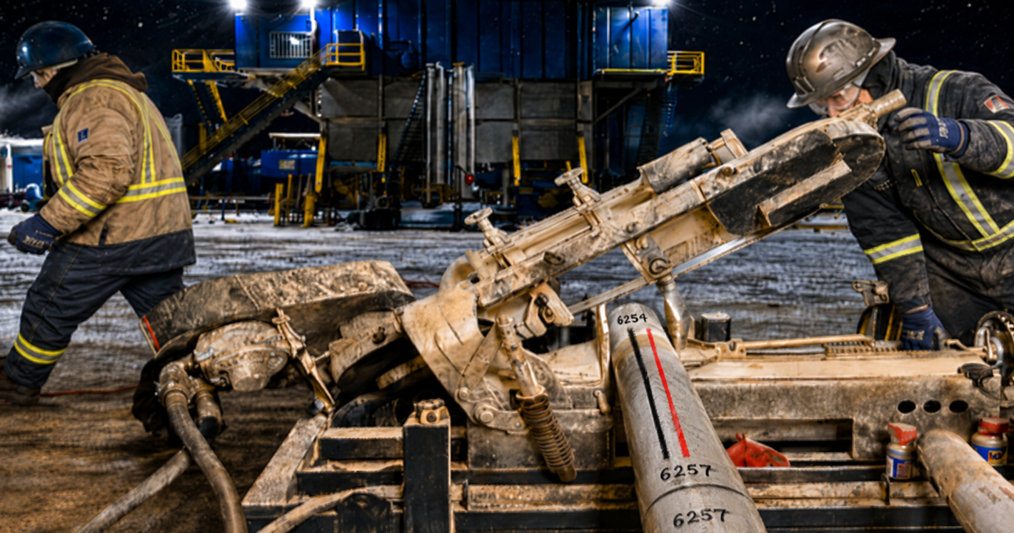 Drill Plus pneumatic band saw cutting an aluminum core liner