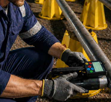 Handheld gamma measurements being taken on a core tube