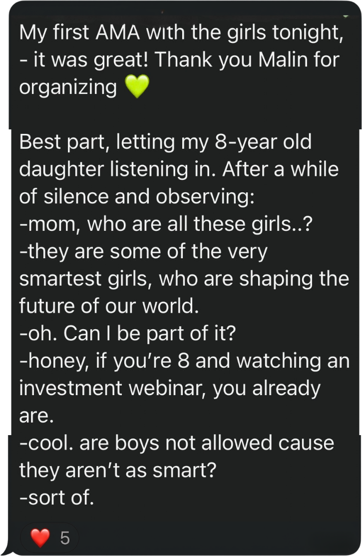 Member message about her first AMA with her 8-year-old daughter listening in